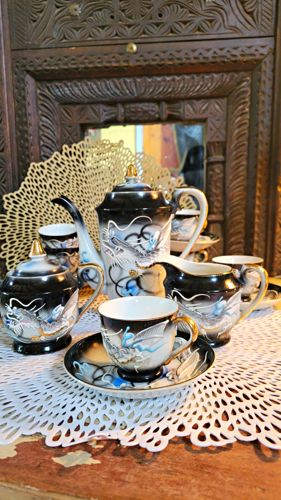 Vtg 15 Pc Japanese Dragonware Tea Set Rare Blue Pink Moriage Mint Foreign Stamp
