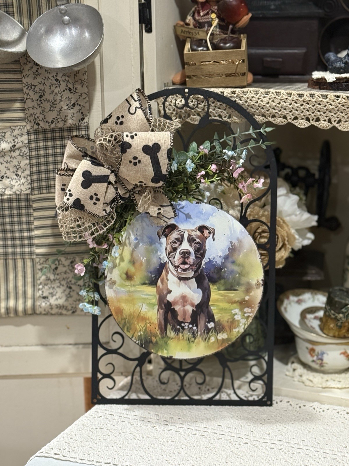 Handcrafted Pitbull Welcome Wreath-Wall Decor , 9x16”, Metal Burlap, Light