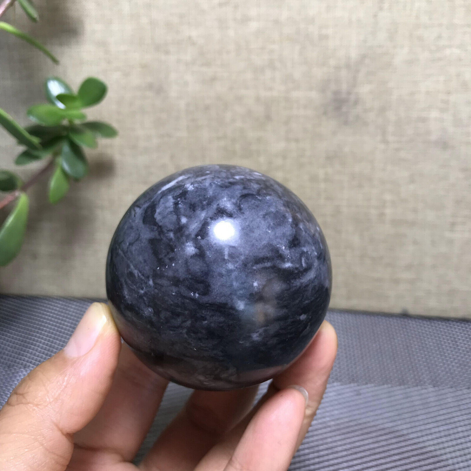 59mm Natural polished Black flower jade Semi-precious Ball sphere 306g A1275