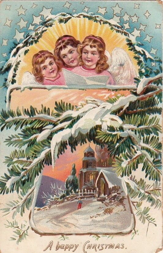 Postcard A Happy Christmas Three Girl Angels Reading Snowy Scene