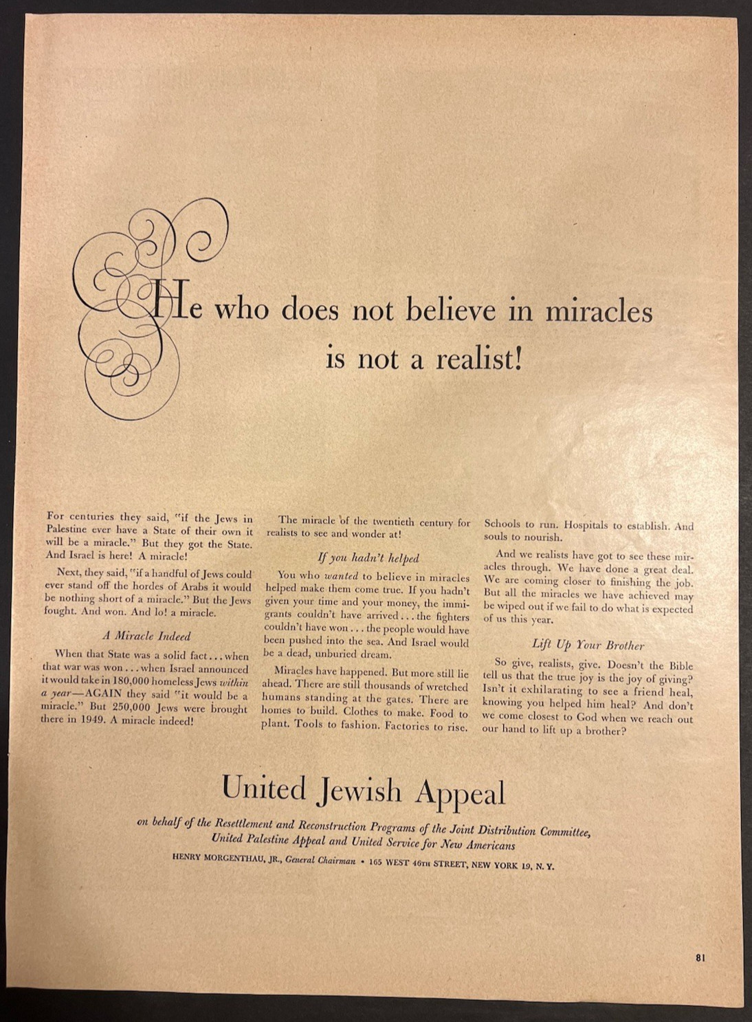 Vtg 1950s AD-United Jewish Appeal-He Who Does Not Believe in Miracles Is Not a