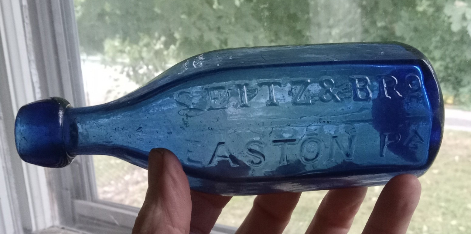 IRON PONTIL 8 SIDED SEITZ PREMIUM MINERAL WATERS EASTON,PA 1850s COBALT SODA