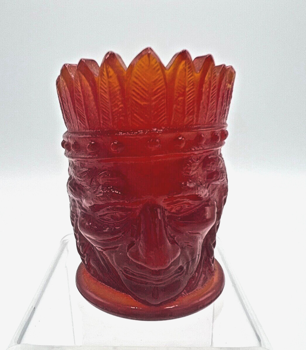 Vintage Glass RED Opaque Native American Indian Chief Head Toothpick Holder