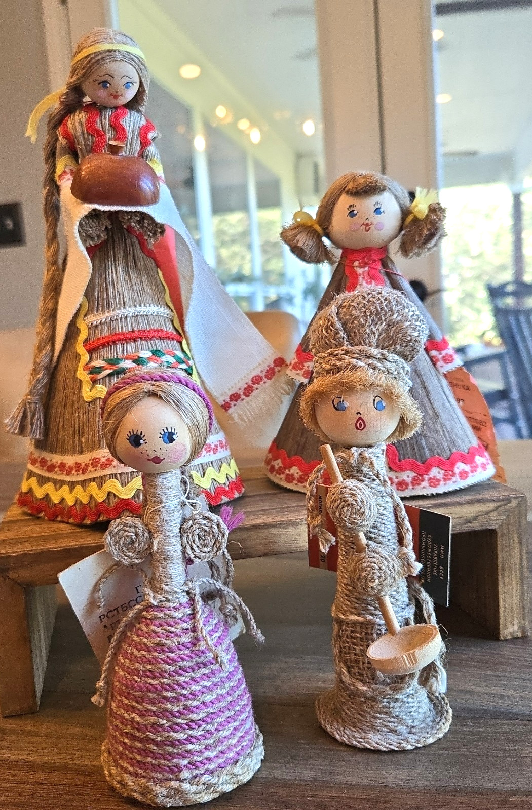 Vintage Soviet Dolls Set (4) Flax Wood Straw Original Tags 1988 Beriozka Belarus