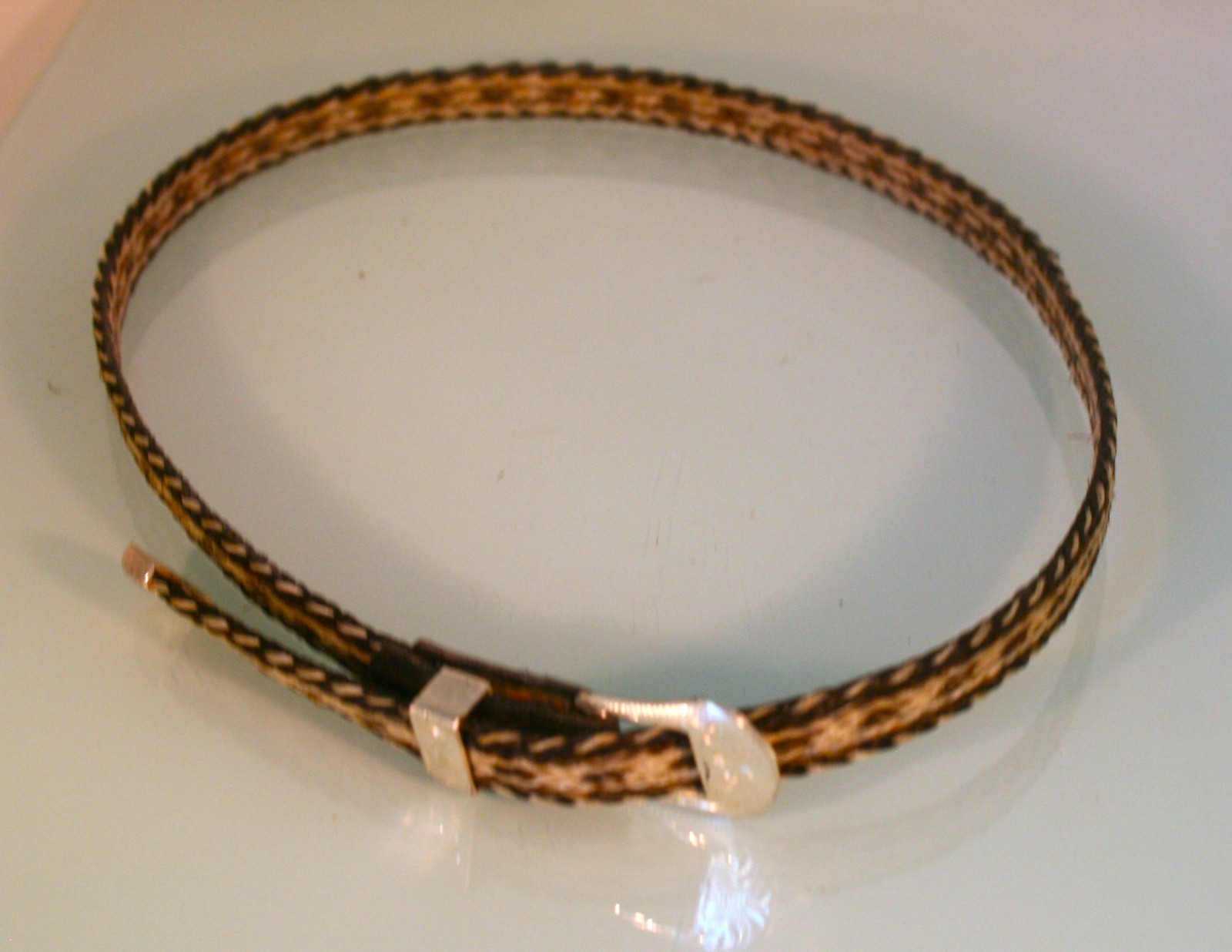 VINTAGE LEATHER HORSEHAIR DESIGN STERLING SILVER BUCKLE COWBOY HAT BAND Hastings