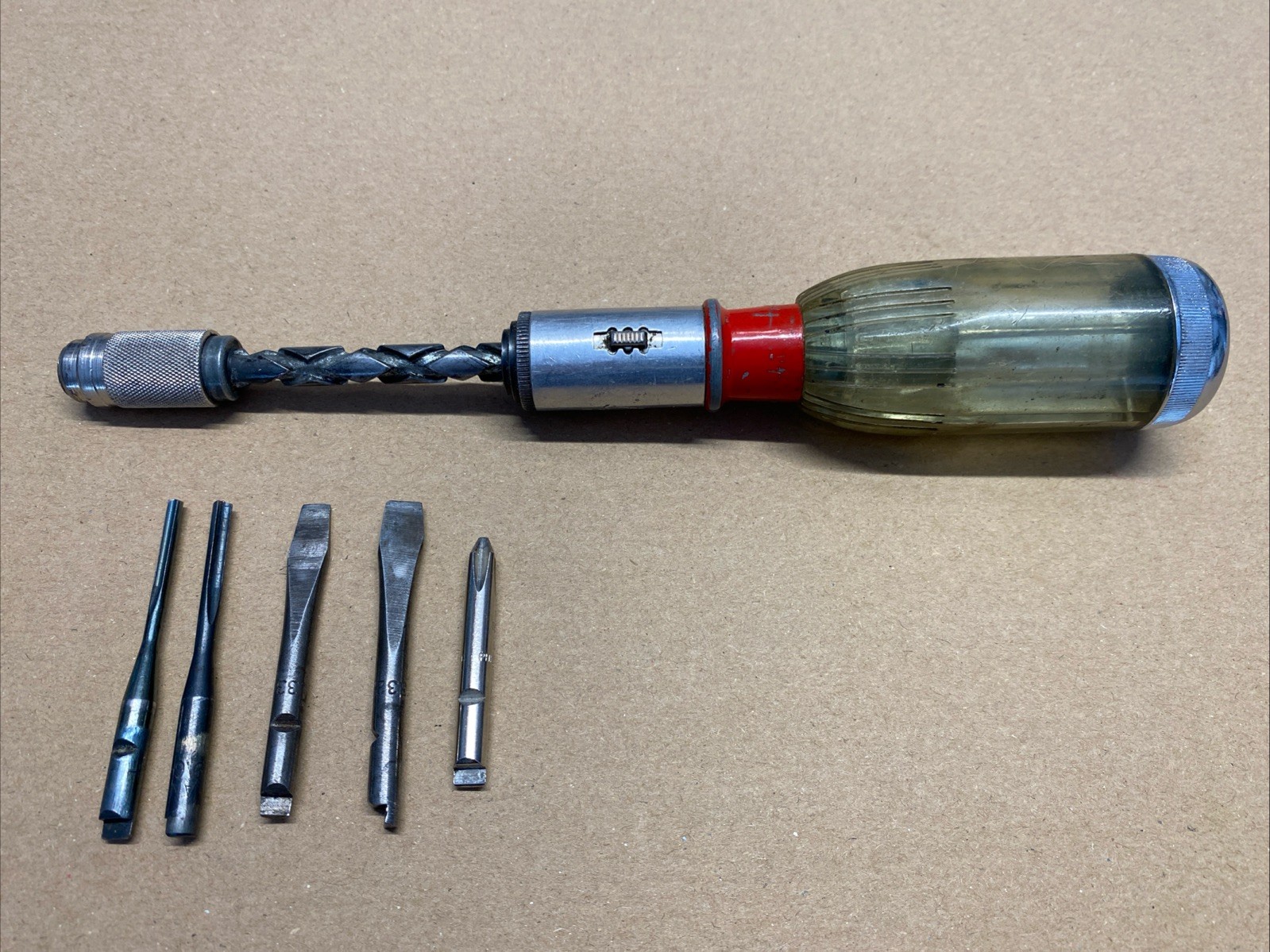 Vintage Yankee Handyman No. 233H Spiral Ratcheting Push Screwdriver With 5 Bits