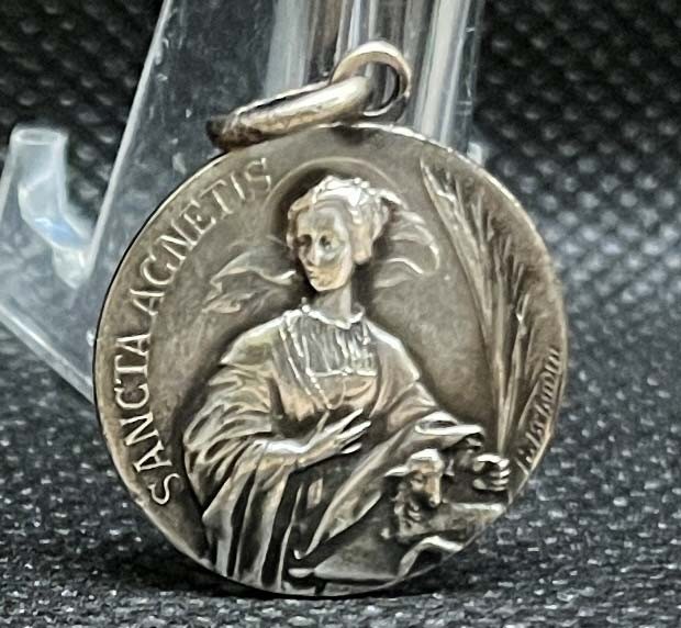 by Tschudin & Dropsy France antique catholic medal Sancta Agnetis & Sacred Heart