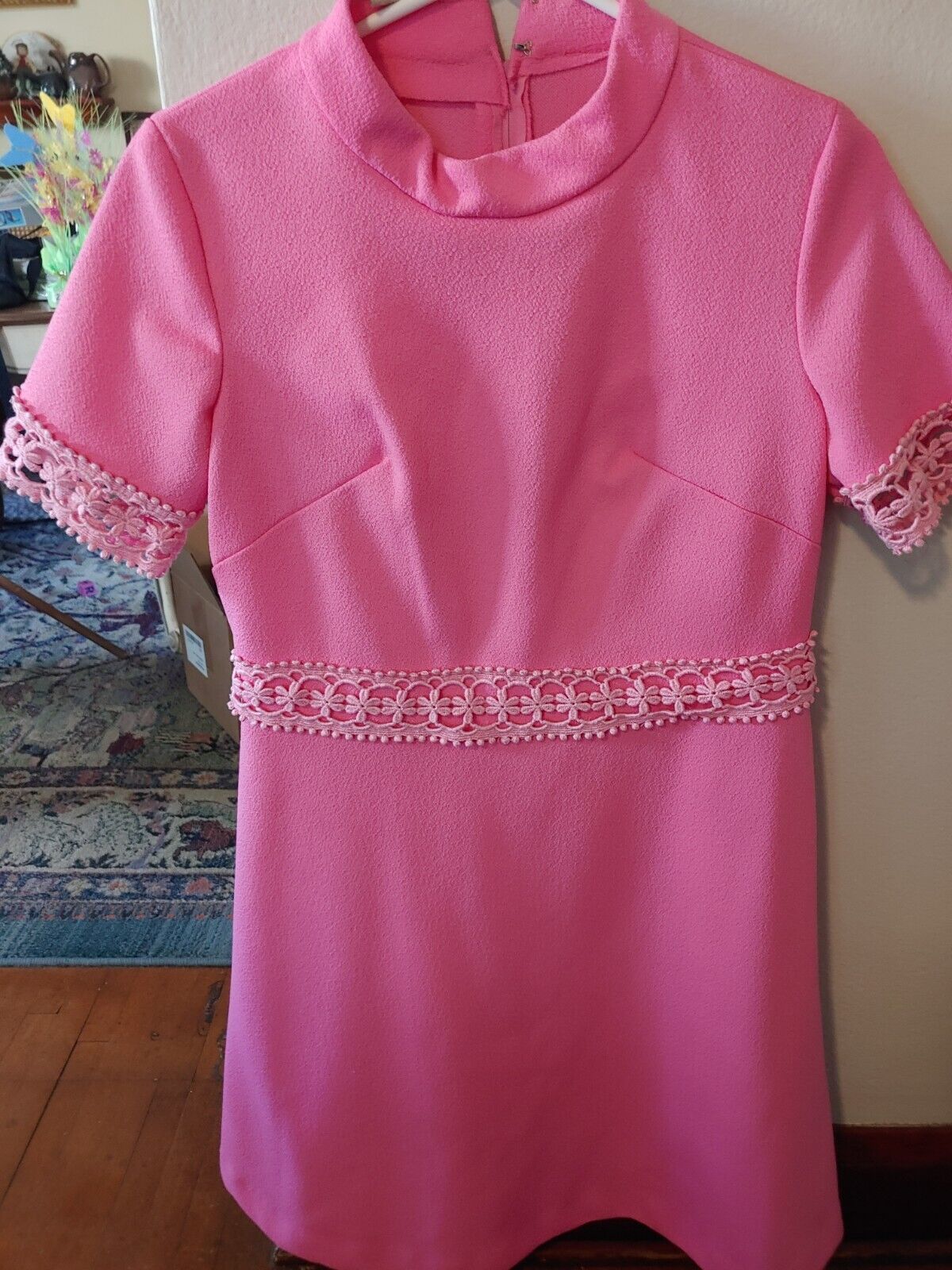 Vtg Pink Polyester A Line Dress Crocheted Trim 1/2 Zip Back Sz 14 1/2