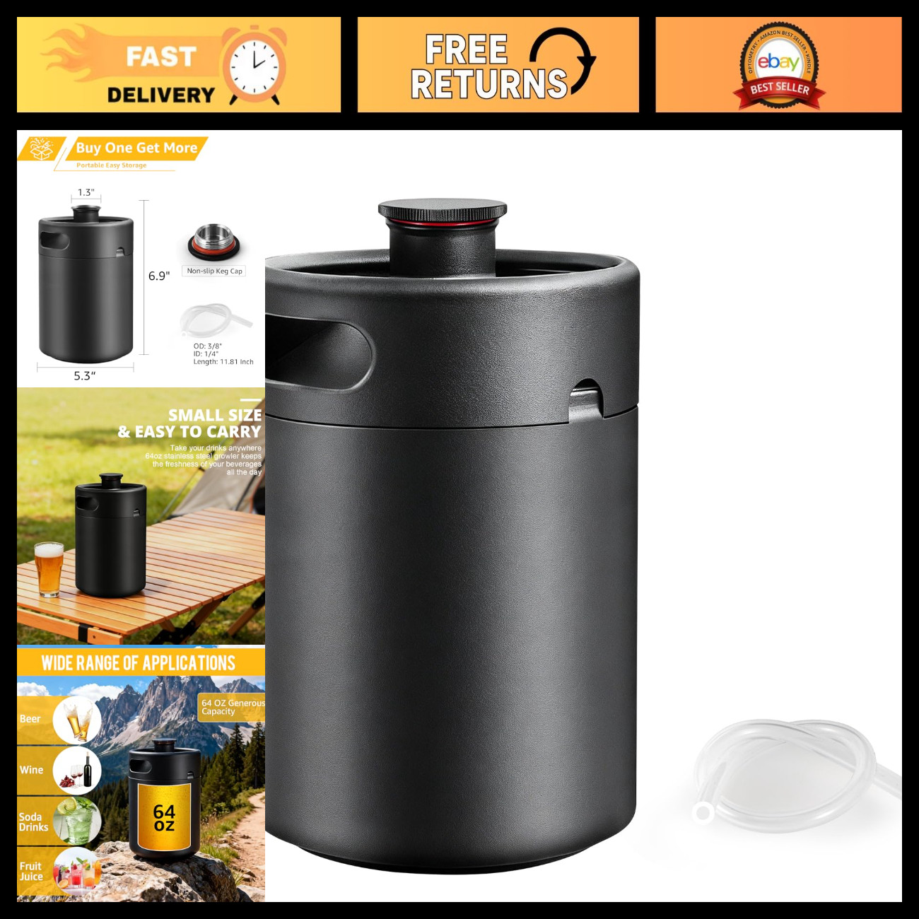 64oz Mini Beer Keg Growler - 304 Stainless Steel Portable Beverage Dispenser