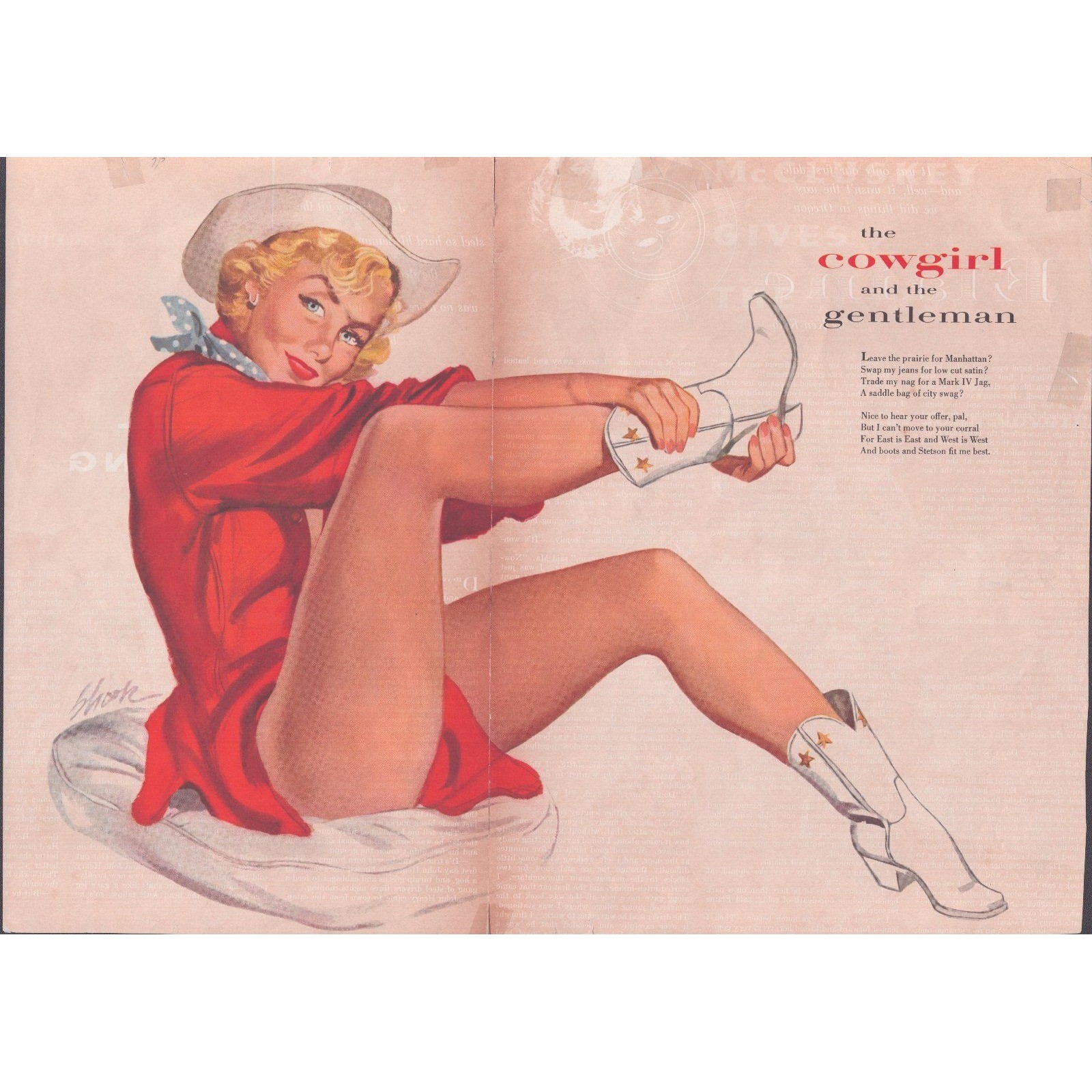 Vintage Shook Pinup Art The Cowgirl and the Gentleman Western Illustration Print