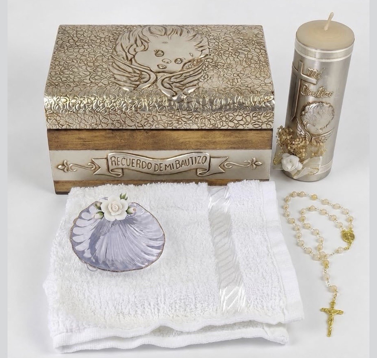 Complete Baptism Candle Set Unisex 5 pc Baptism kit Catholic Rosary Gift Box