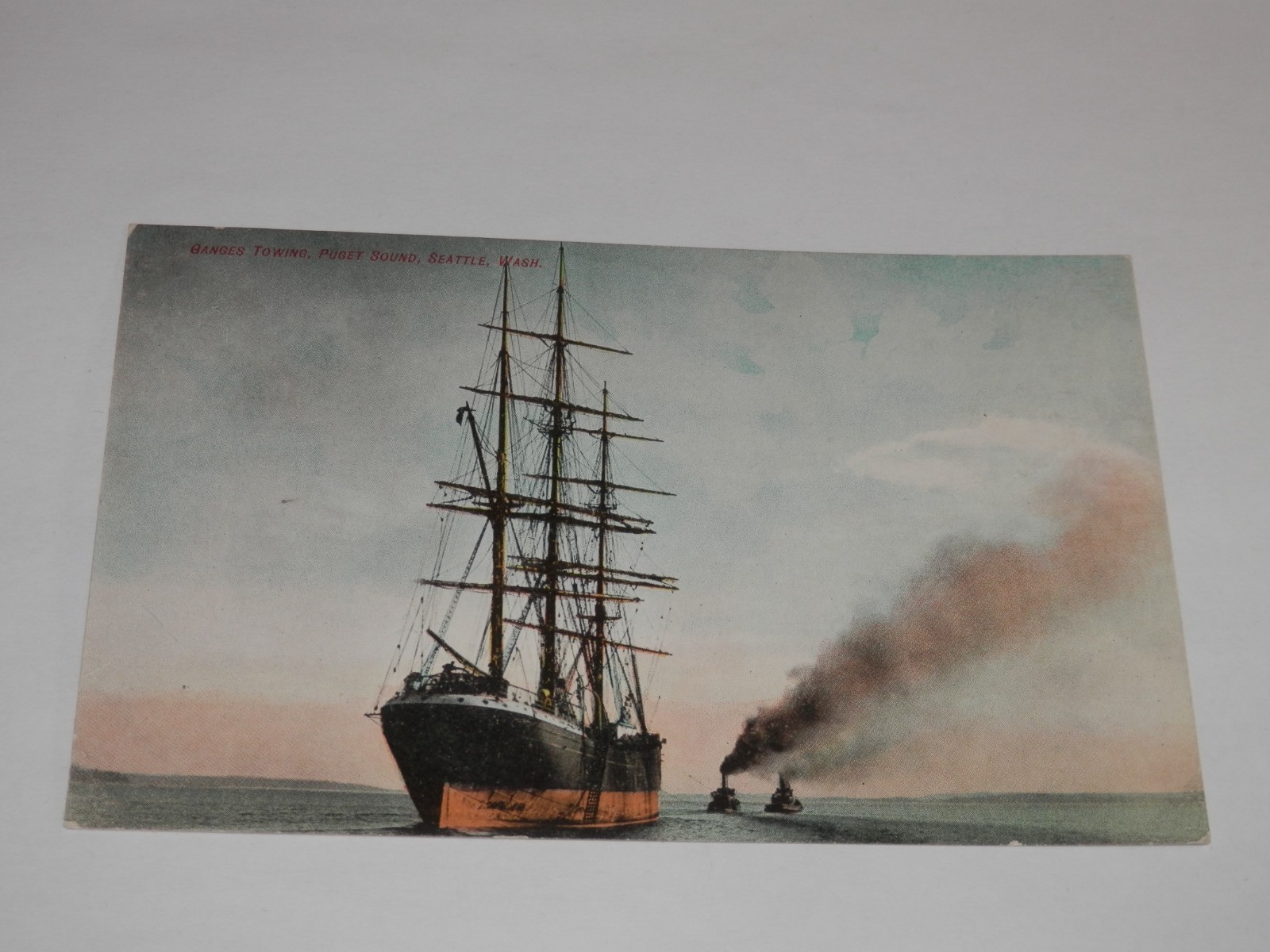 SEATTLE WA - 1907-1915 ERA POSTCARD - GANGES TOWING - PUGET SOUND SAILING VESSEL