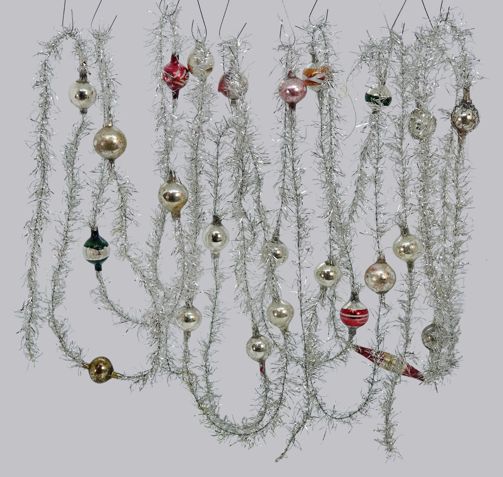 4 Piece Antique Tinsel Garland With Glass Ornaments, 560 cm, 1920s