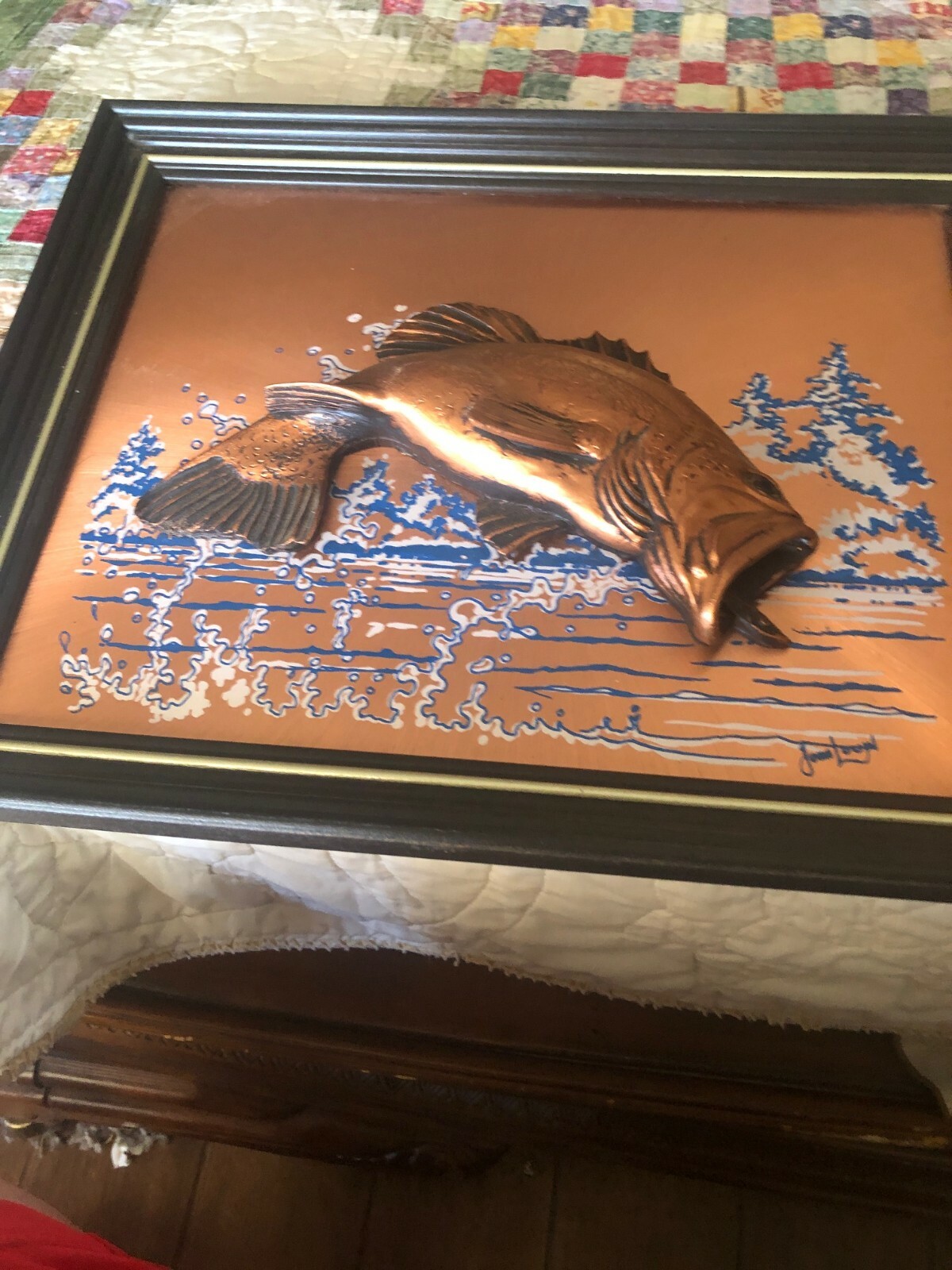 Vintage 3D Image Copper Fishing  Large Mouth Bass Framed Artwork by John Louw