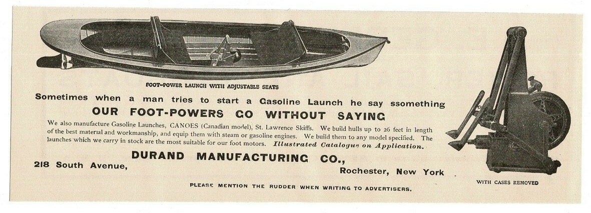 1902 DURAND MANUFACTORING CO. Foot-Powered Launch Boat Canoe Vintage Print Ad