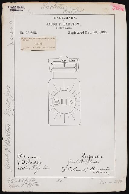 Photo:Jacob P. Barstow Sun Fruit Jars Trade Mark 1895 Patent Drawing
