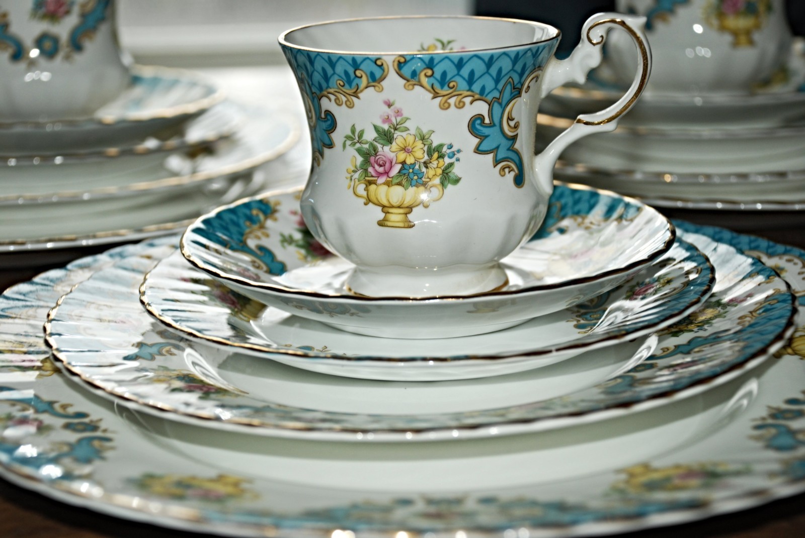 Vintage 1950's English Fine Bone China Dinner Set with Tea Cups & Saucers