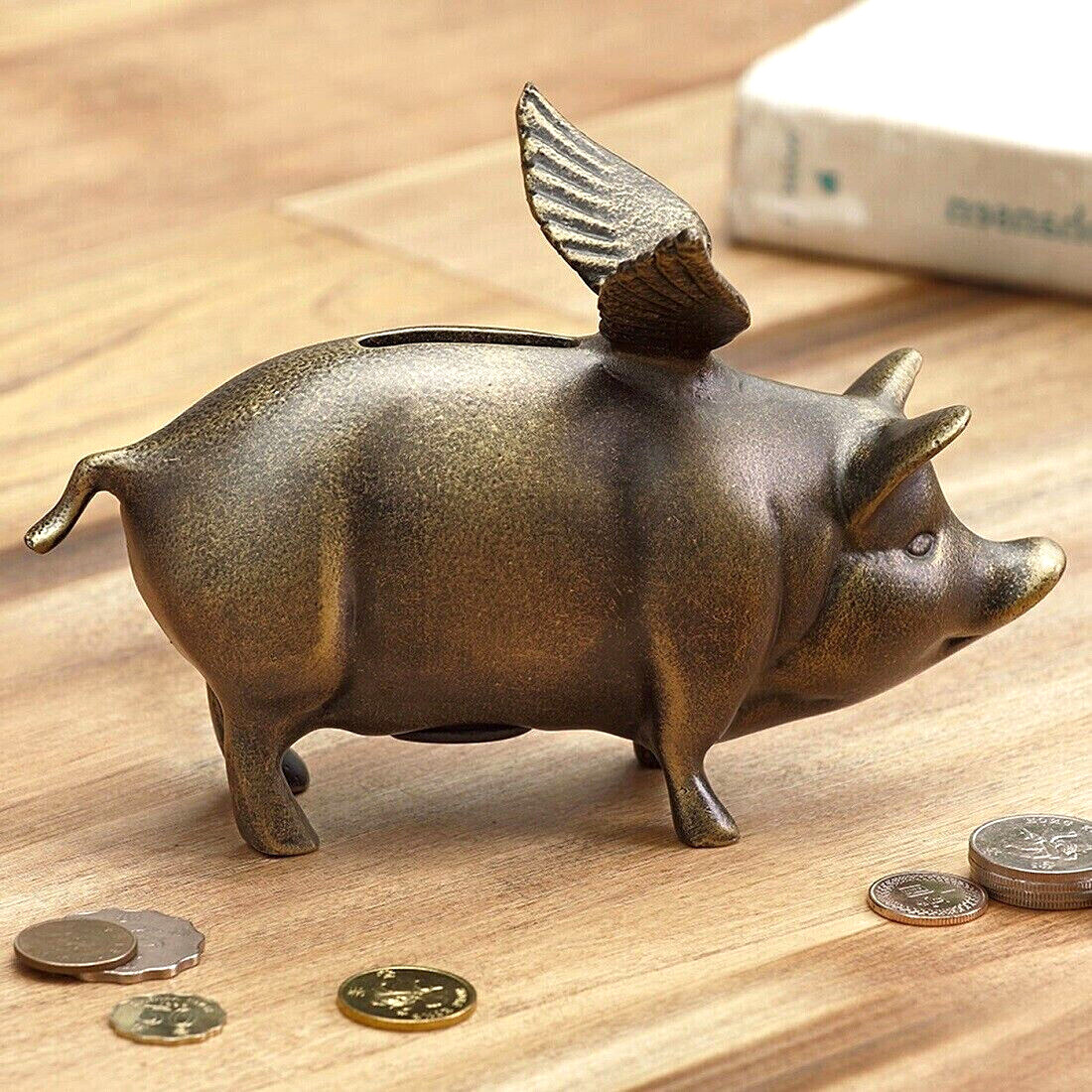 Winged Wonder Pig Piggy Bank Metal Whimsical Bronze Finish Bank ~ SPI Home 34038