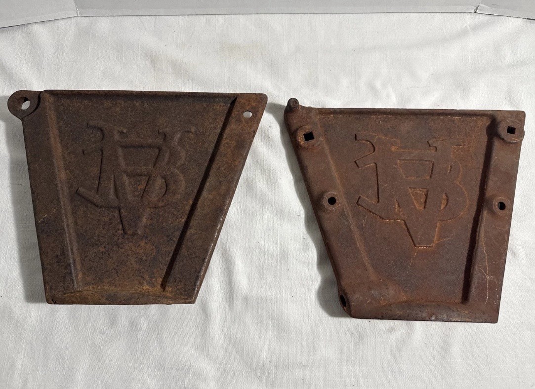 PAIR - Rare Antique Van Brunt/John Deere Cast Iron Implement End Caps Unique