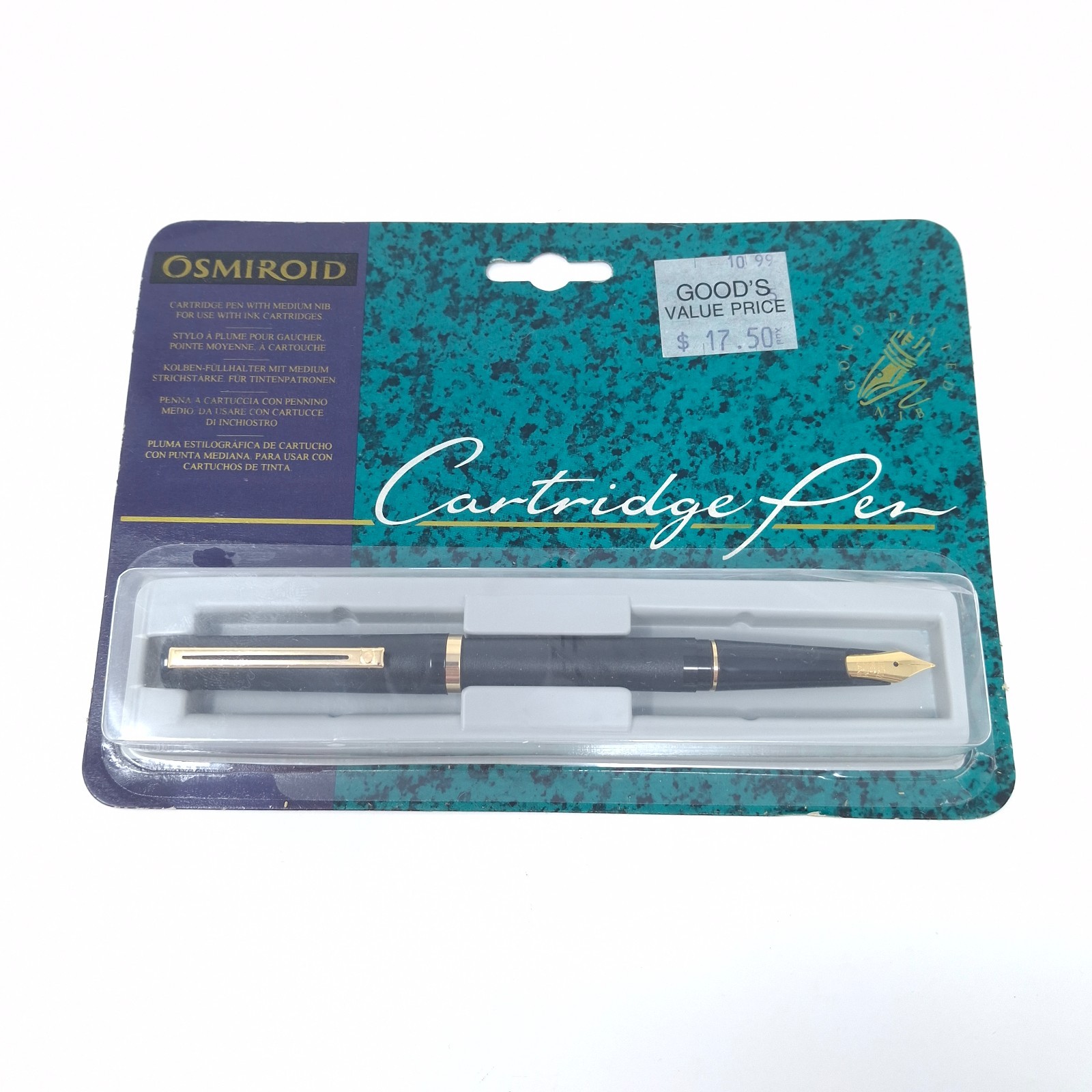 Vintage Osmiroid Cartridge Fountain Pen Medium Black with Gold Trim - New
