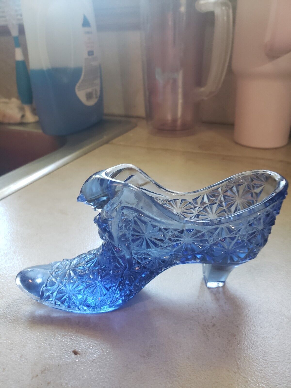Vintage Fenton blue daisy & button glass cat head shoe slipper