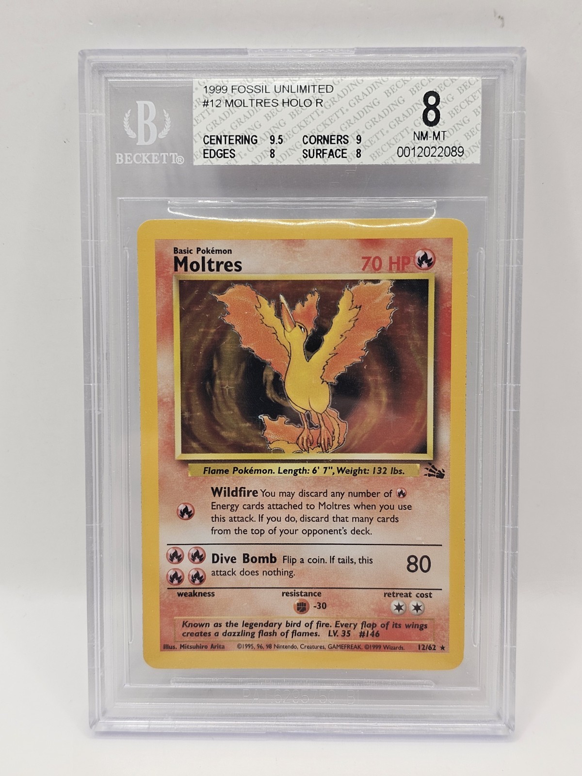 Pokemon Card Moltres 12/62 Fossil BGS 8 Near Mint Cosmos Holo ENG