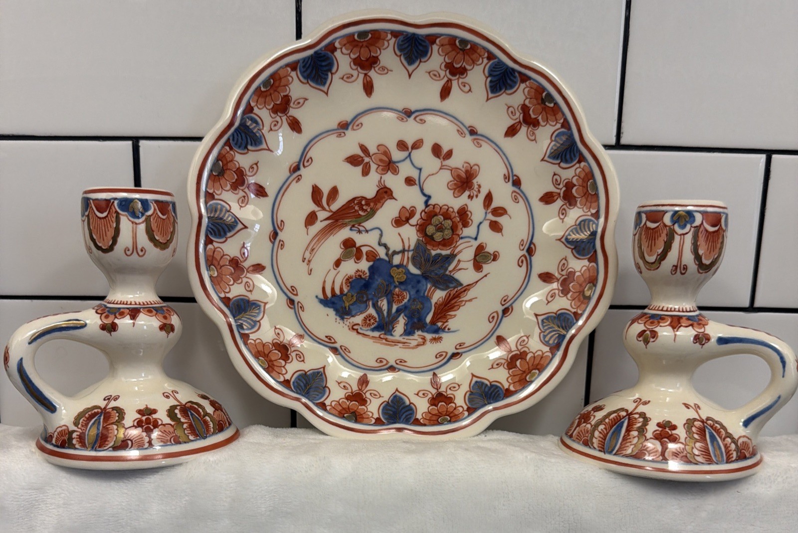 3pc Royal Delft De Porceleyne Fles Pijnacker Plate & Chambersticks Candlesticks