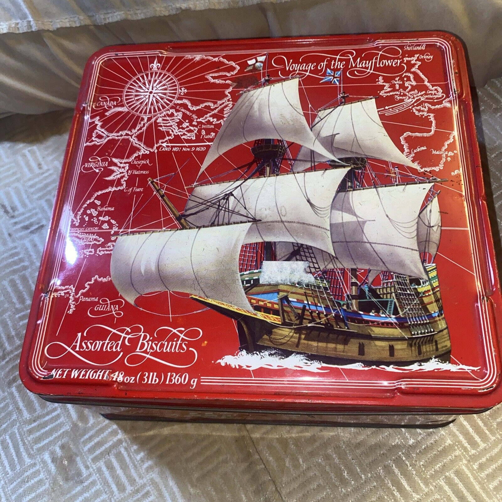 Vintage Nabisco Voyage of the Mayflower Biscuits Tin England Nautical Schooner