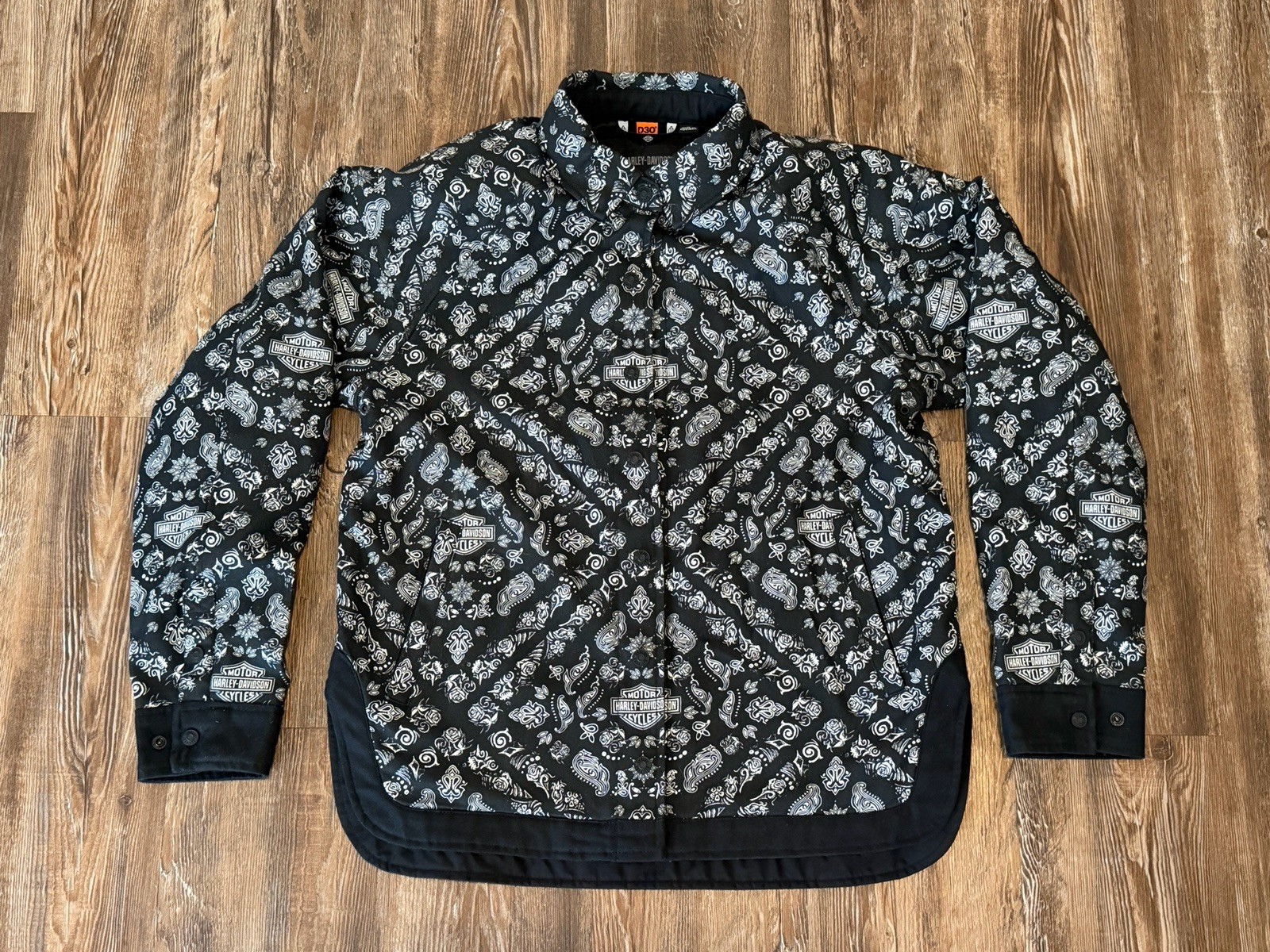 Harley-Davidson Operative Riding Shirt Jacket D30 Sz Medium Black White Paisley Harley-Davidson Operative Riding Shirt Jacket D30 Sz Medium Black White Paisley