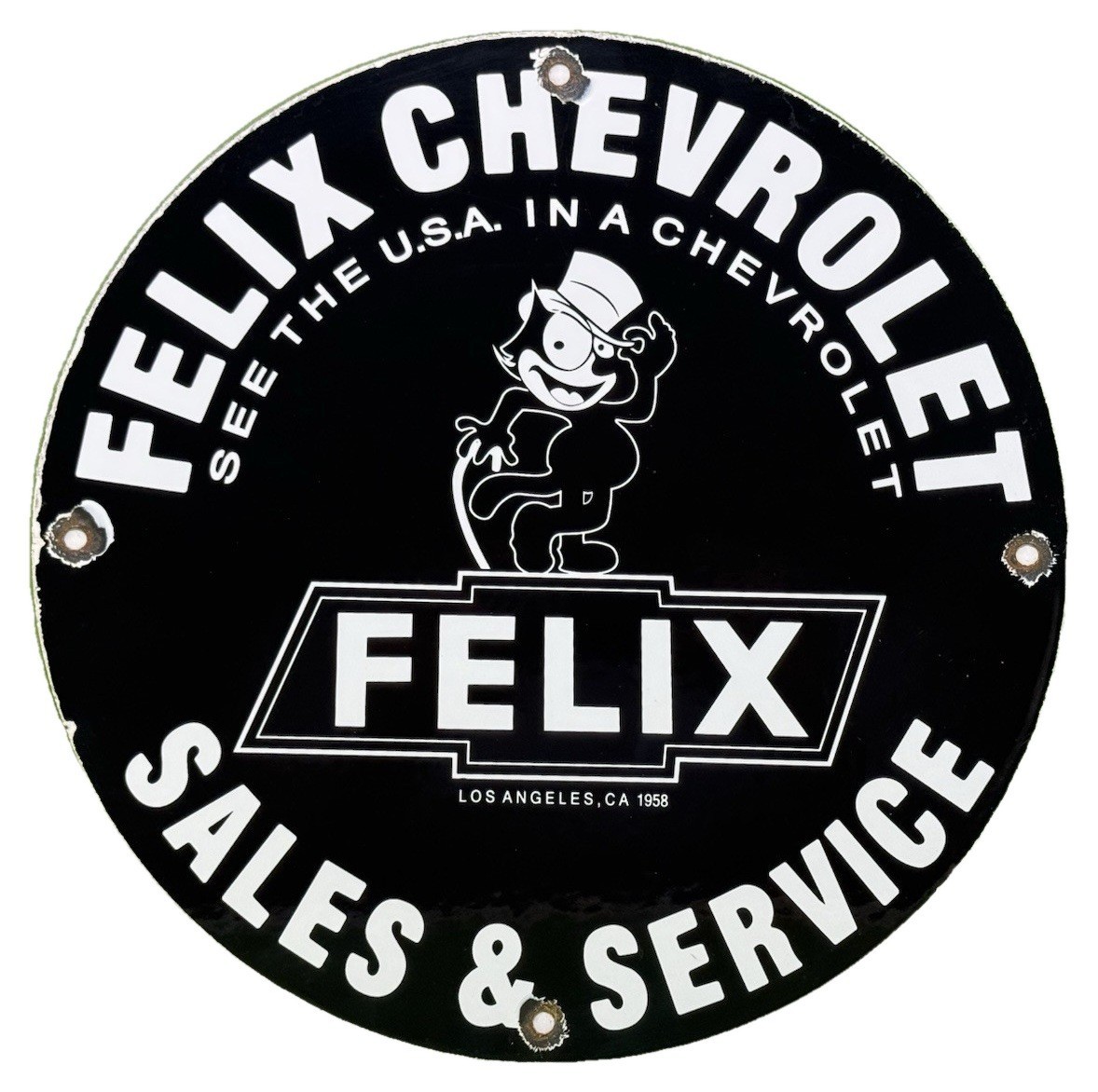 VINTAGE FELIX CHEVROLET PORCELAIN SIGN SEE THE USA IN A CHEVROLET SALES SERVICE