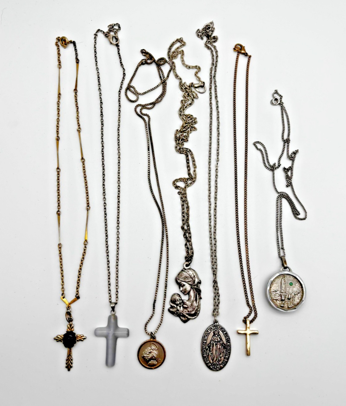 6 Vtg Catholic Religious Necklace Lot Lapis Lazuli Cross Reliquary Madonna Medal