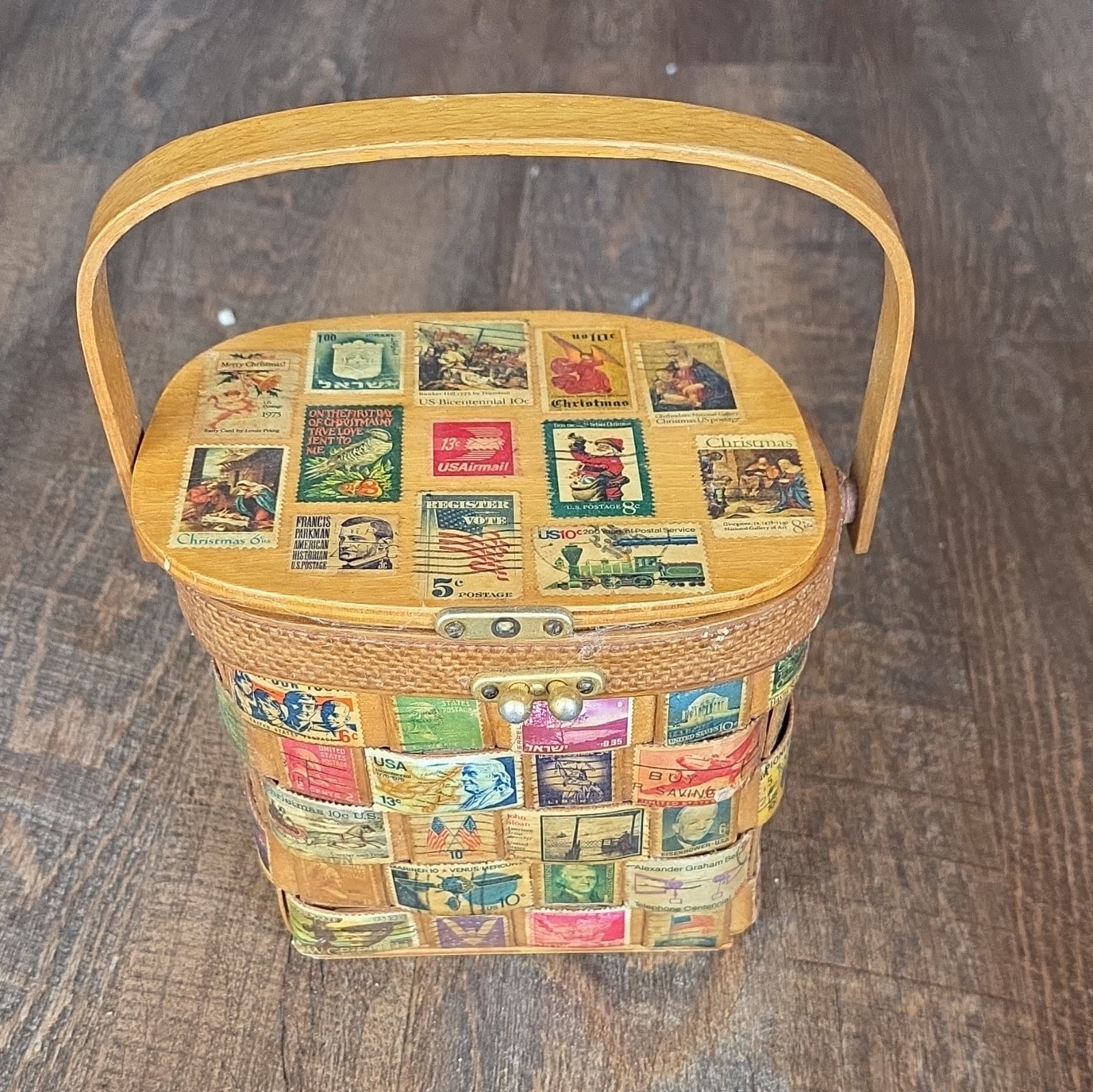 Vintage Stamps Basket Purse Wood & Fabric Storage Basket w/ Handle & Lid