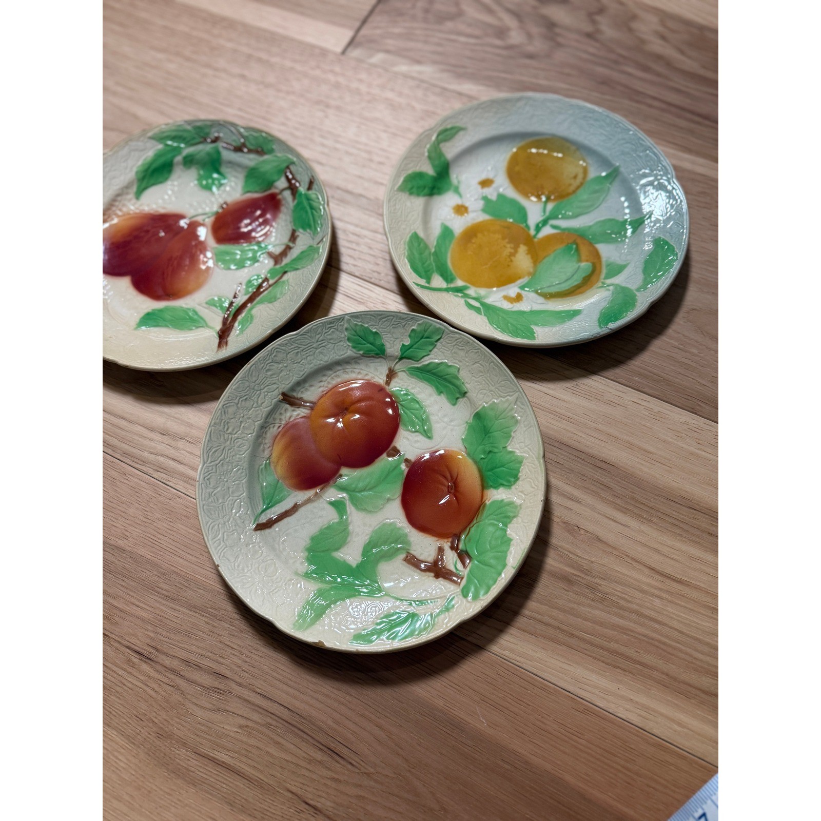 St. Clement Vintage Majolica Fruit Plates Set of 3  Made in France AS IS 1920s