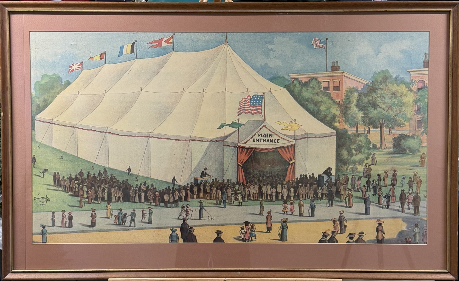 Vintage 1910s Donaldson Litho Circus Poster Main Entrance Big Top Framed As-Is