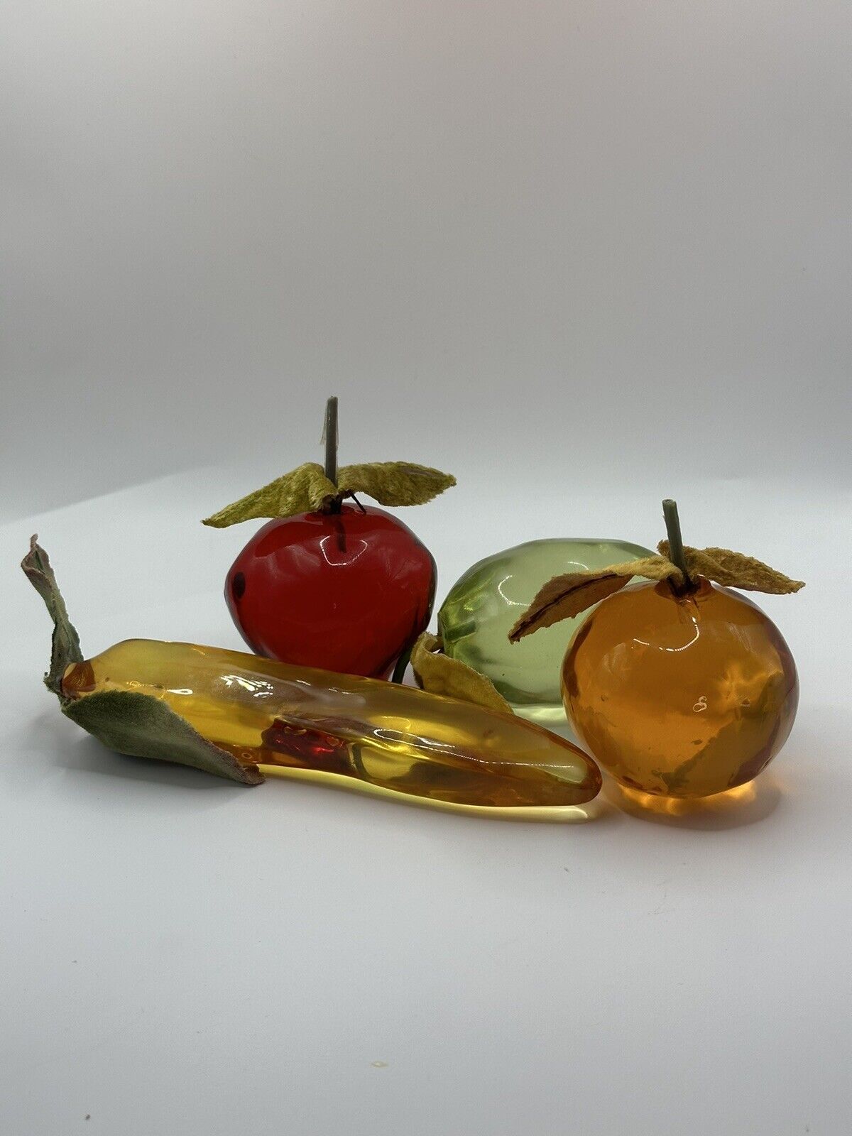 Vintage MCM Acrylic Lucite Fruit w/ Leaves Banana Lime Orange And Apple Lot Of 4