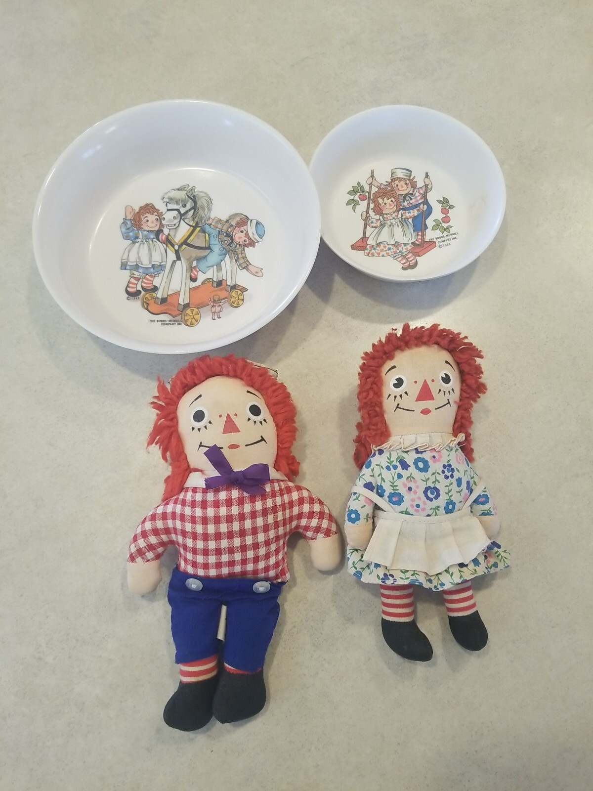 Vintage Raggedy Ann Andy Lot Two ONEIDA Bowls 1969 and Two Knickerbocker Dolls 