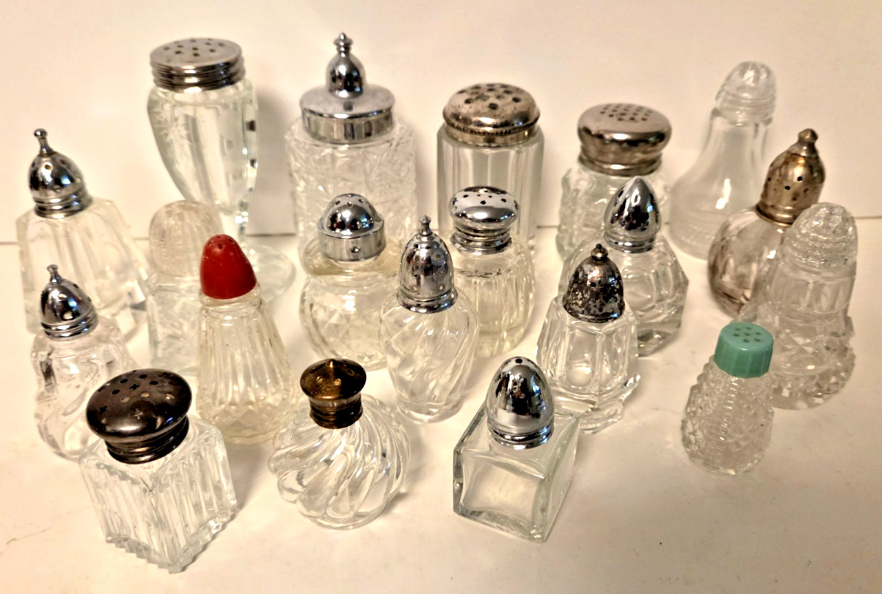Lot of 20 Vintage Chrystal/Cut Glass Single Shakers, Fostoria, Hazel-Atlas & mor
