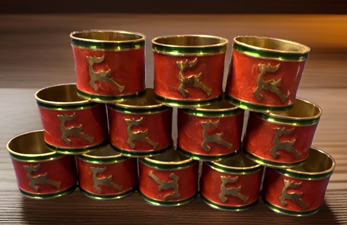 Vtg Pier 1 Christmas Napkin Rings Set of 12 Brass Enamel Reindeer&Tree Holiday Vtg Pier 1 Christmas Napkin Rings Set of 12 Brass Enamel Reindeer&Tree Holiday