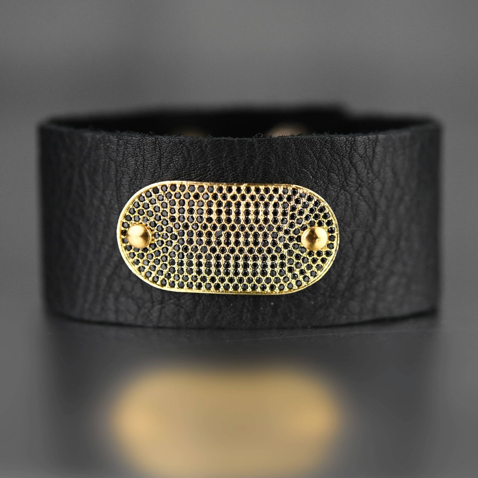 Golden Micro Black Pave on  Black Leather Cuff