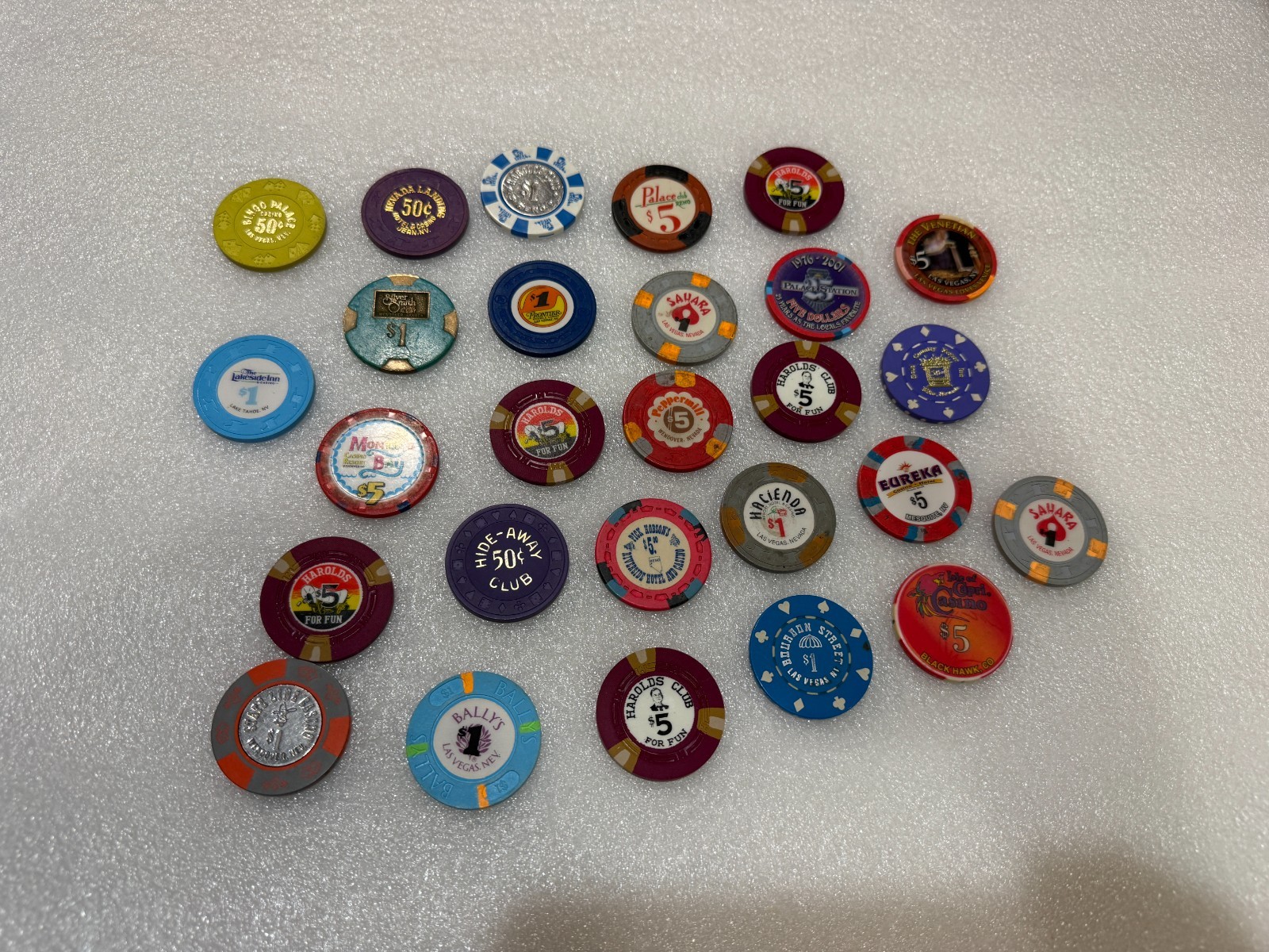 Massive Lot of 27 Obsolete Casino Tokens ~ Venetian, Sahara, Hacienda, Harolds +