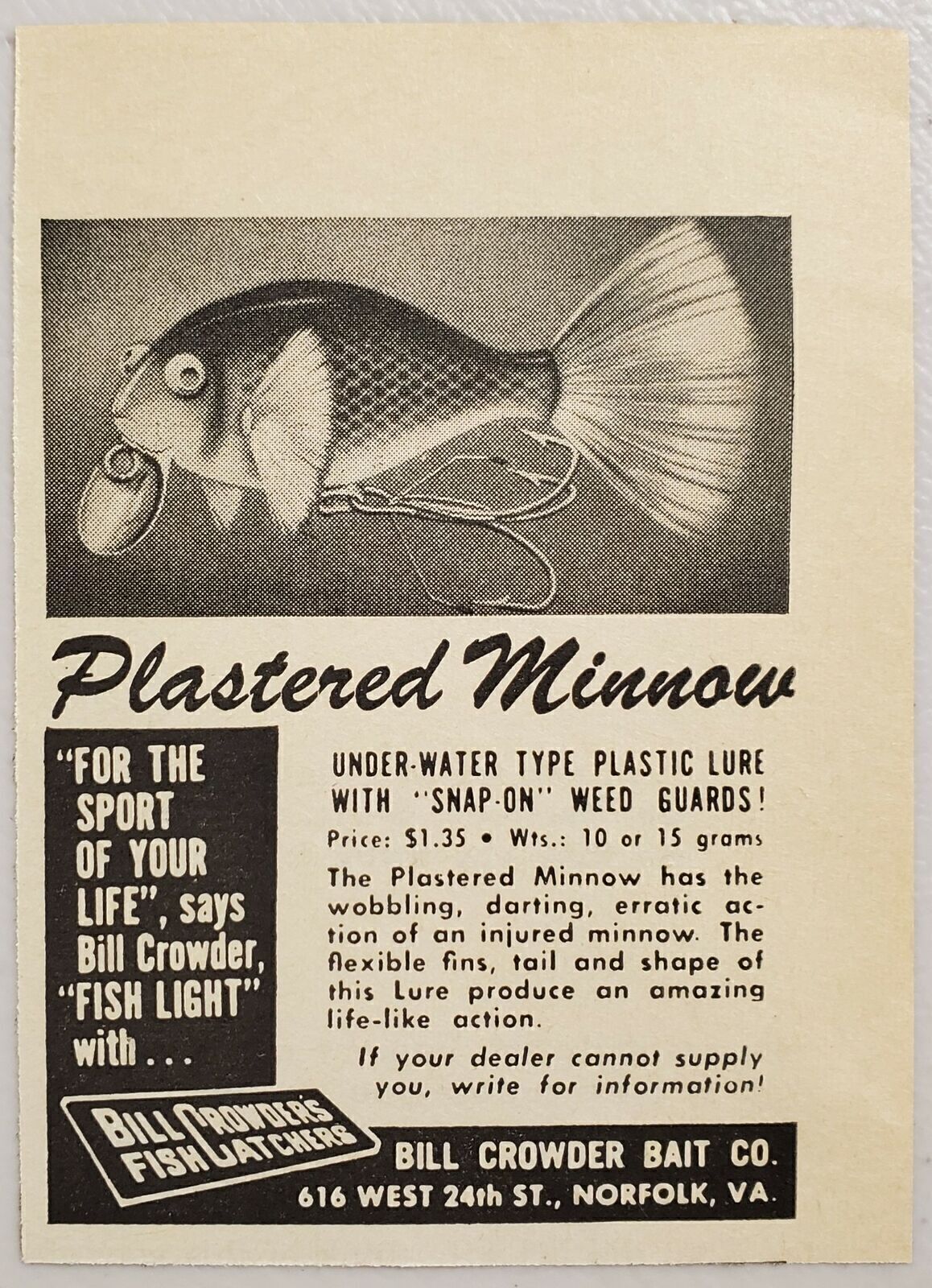 1951 Print Ad Plastered Minnow Plastic Fishing Lure Bill Crowder Bait Norfolk,VA