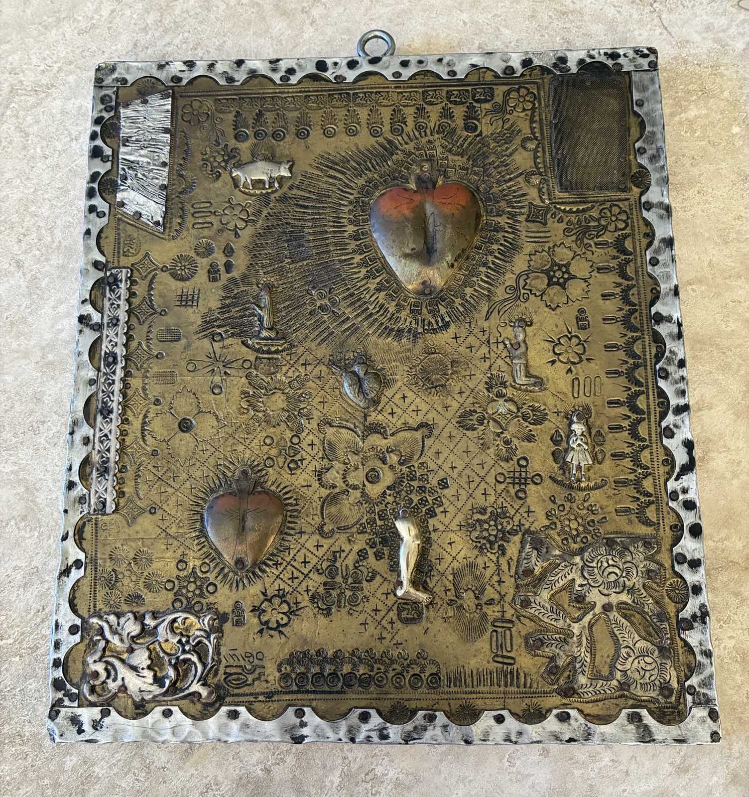 Vtg Carlos Inigo Robles Religious Folk Art Altar Signed Heart Milagros Metal Vtg Carlos Inigo Robles Religious Folk Art Altar Signed Heart Milagros Metal