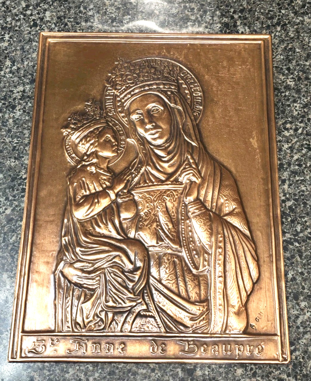 Vintage Albert Gilles Ste Anne de Beaupre Solid Copper Repousse Wall Plaque...