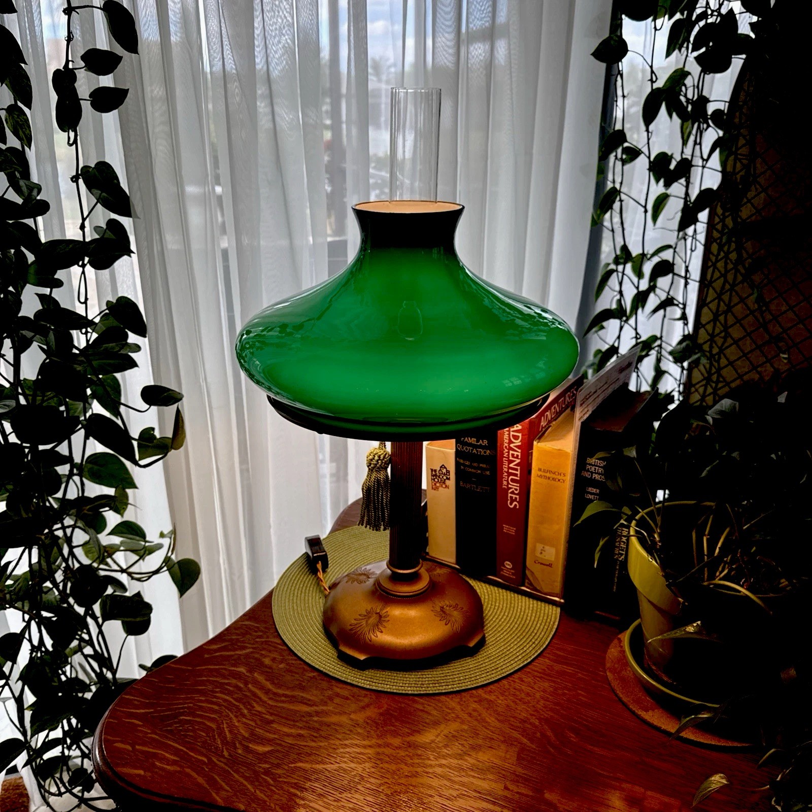 Antique Bradley&Hubbard Banker’s Emeralite12”Green Cased Shade:Hurricane Chimney