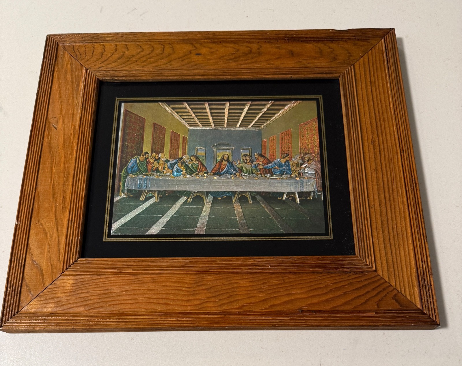 Vintage Last Supper Foil Print Framed – Mid Century Religious Art – 12.5 x 14.5