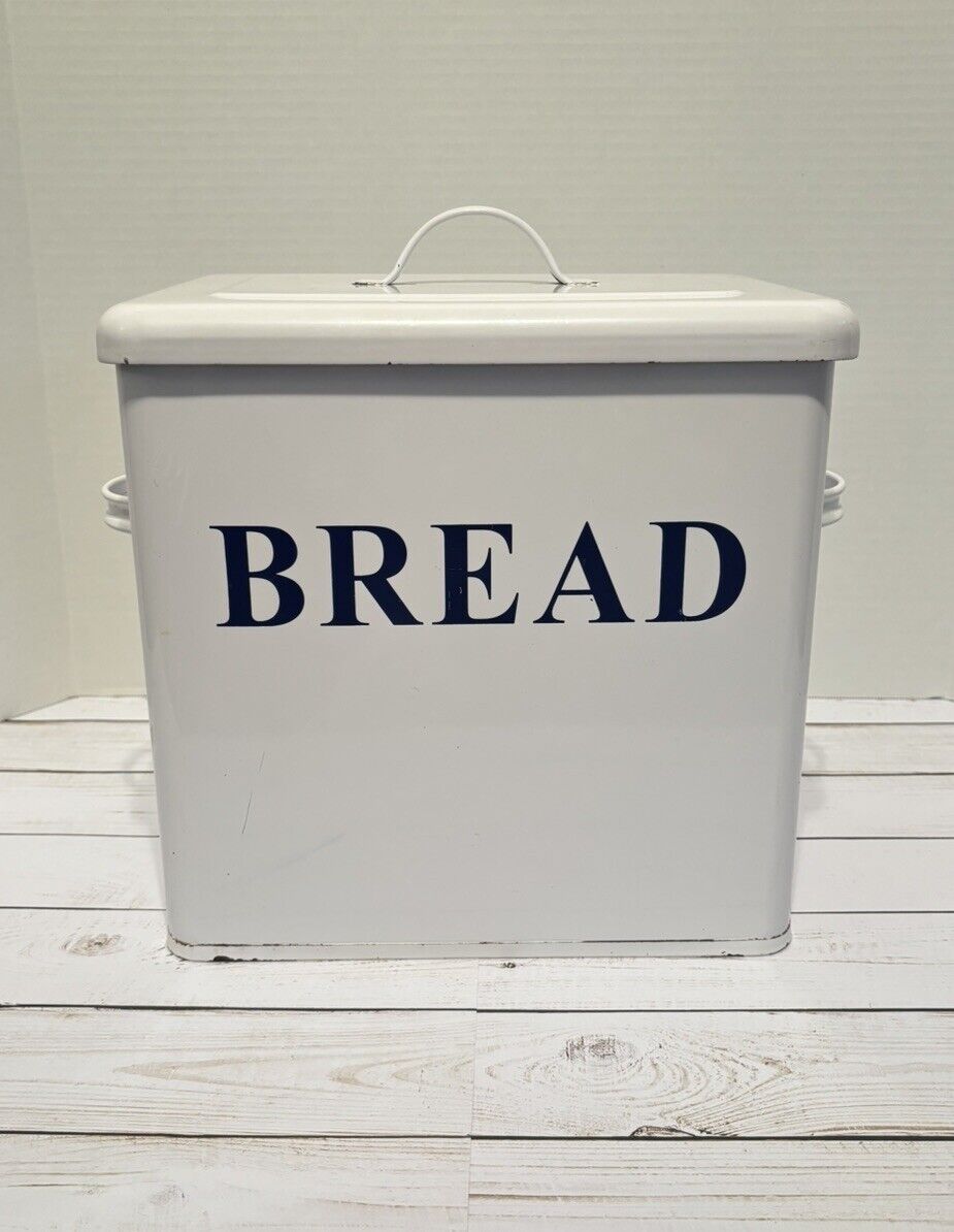 VTG Antique White Metal Kitchen Breadbox Bread Box & Lid Blue Letters Large/Tall