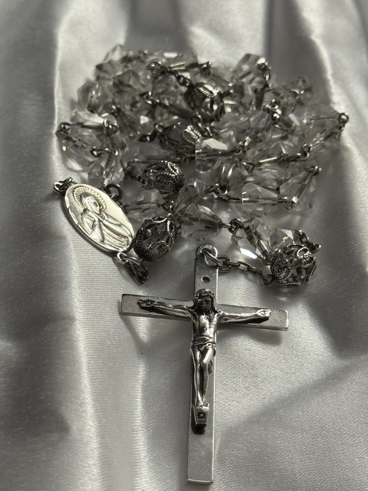 Vintage AFCO Sterling Silver Faceted Crystal Bead Catholic Rosary