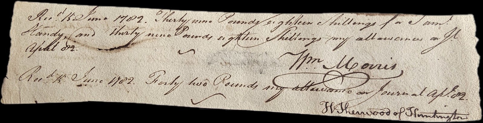 1782 Handwritten Rev War Receipts Signed by Wm Morris,Sherwood, Bayley, Oneal