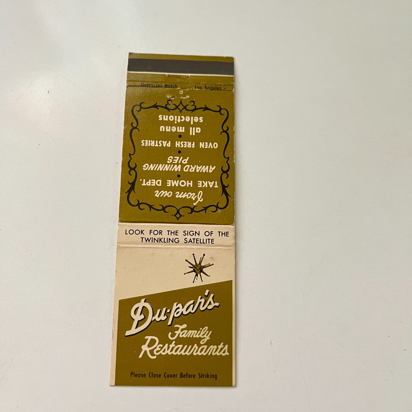 Du-Par\'s Family Restaurants Award Winning Pies Vintage Matchbook Cover TMB75-6