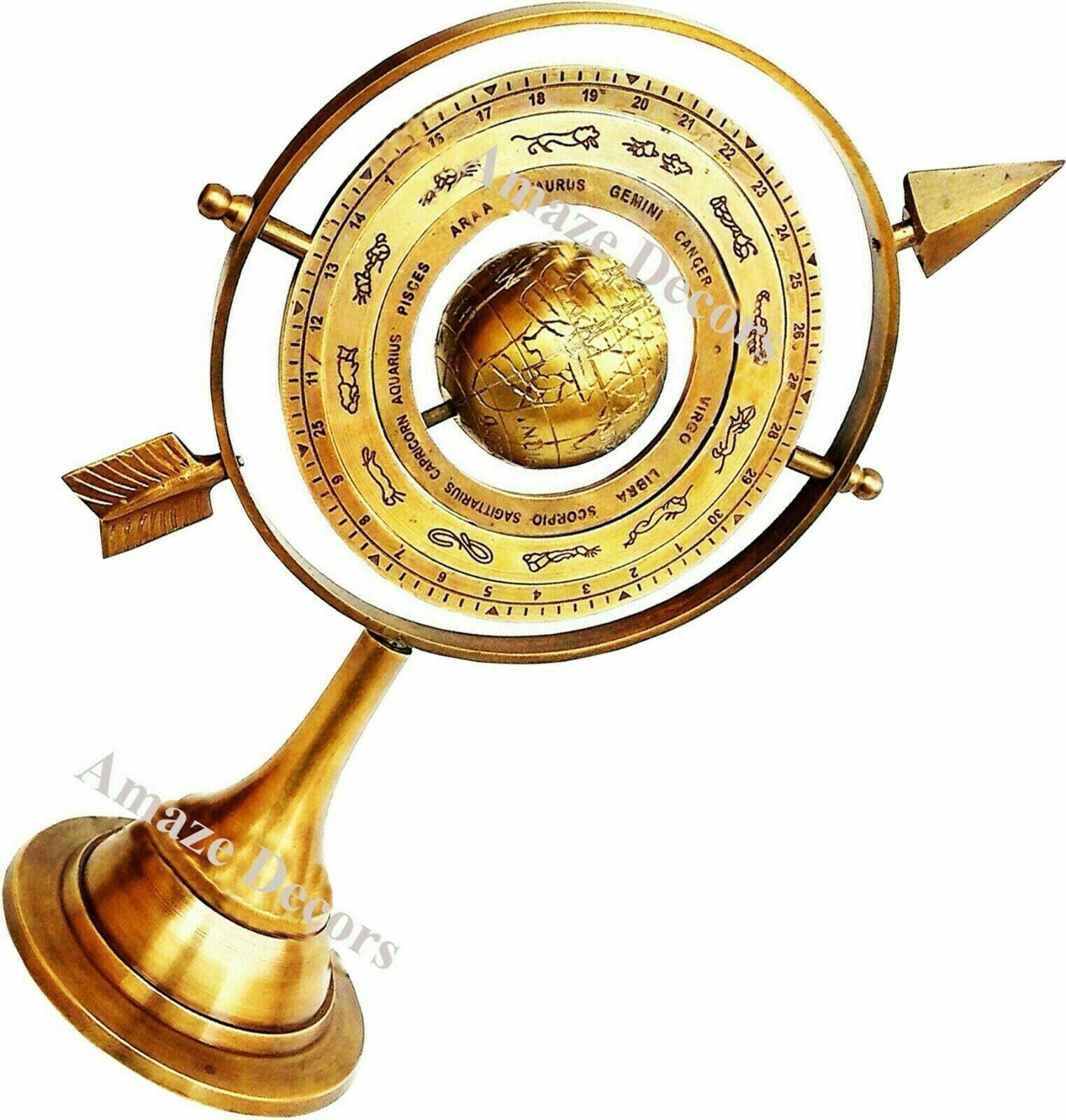 Antique Brass Armillary Sphere With Arrow Nautical Maritime Engraved Globe